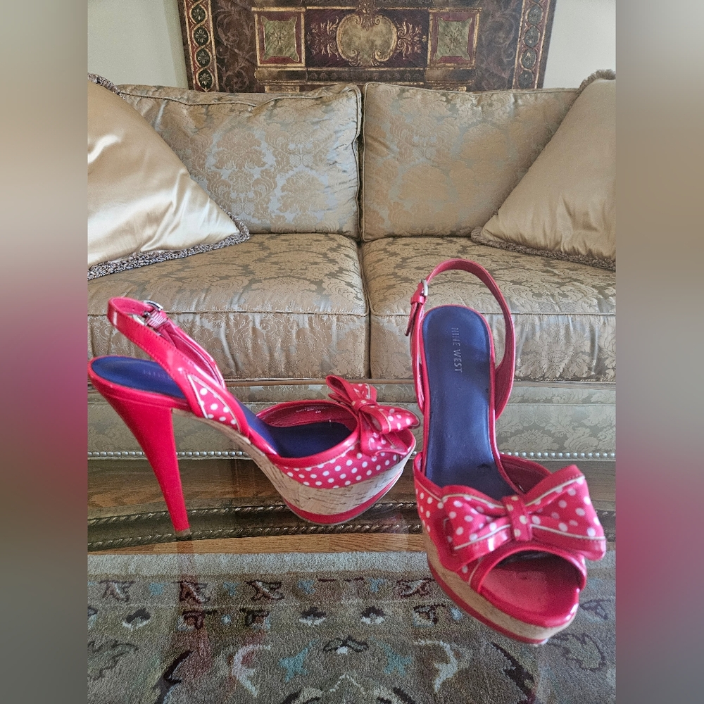 Nine West Sexy Polka-dot Stiletto Heels with Buckle Strap/Bow Red/White